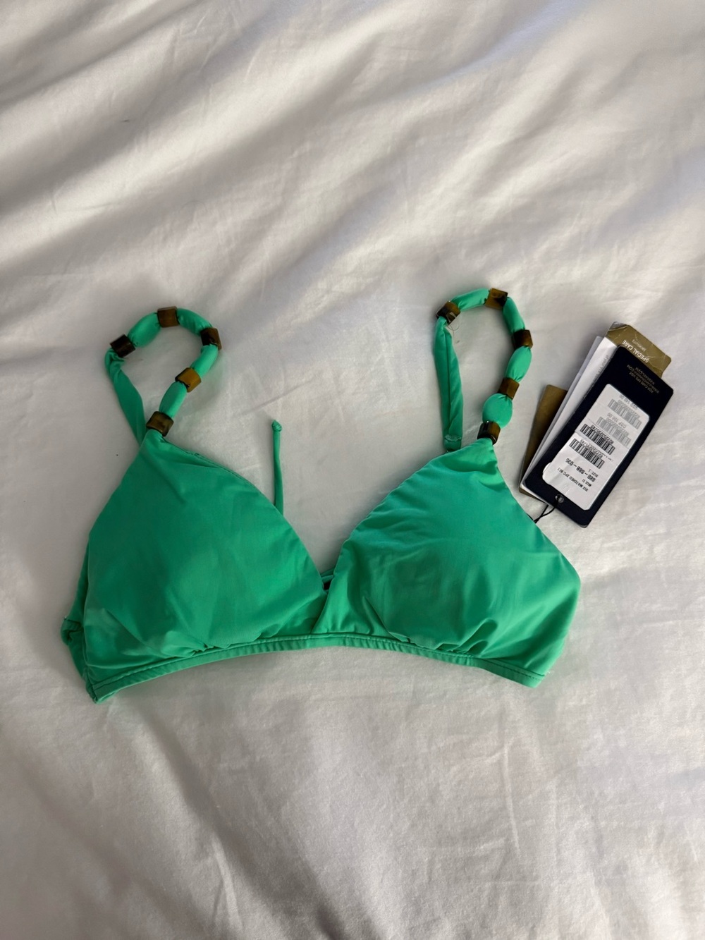 Women’s Green Triangle Bikini Top with Decorative Beaded Straps